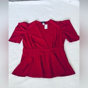 Touch me, Red Puff Sleeve Peplum Wrap Blouse